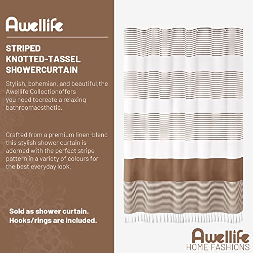 Awellife Khaki Shower Curtain For Bathroom Stripe Tassel Shower Curtain 72 X 72 Inches Apricot Farmhouse Linen